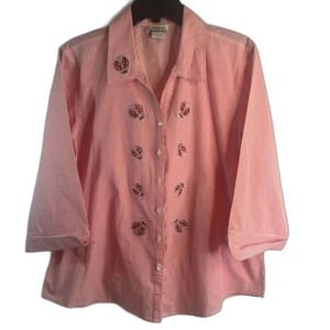 Distinct Long Sleeve Button Front Jeweled‎ Ladybug Blouse Women's Size Large